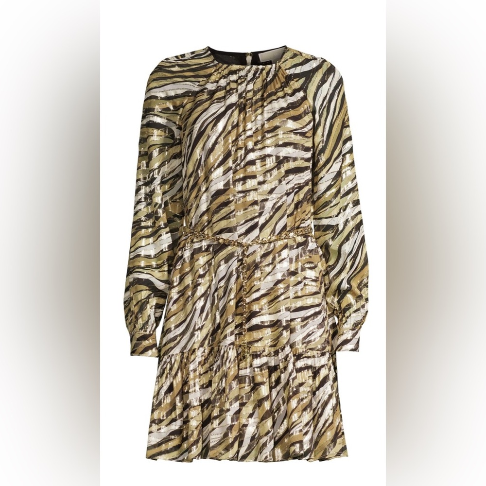 Michael Kors Tiger Print Mini Dress Shimmering Silk + Metallic NWT Medium $475